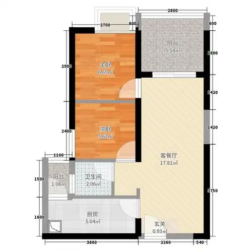 壹城中心-公租房2室2厅1卫1厨55.00㎡户型图户型图