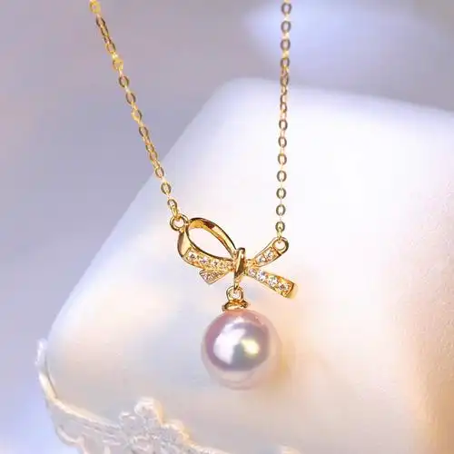 天然海水akoya珍珠蝴蝶结吊坠项链18k金甜美可爱公主风浪漫轻奢