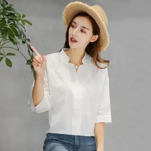 文艺绣花纯棉白衬衫女夏短袖v领百搭衬衣休闲灯笼袖宽松显瘦上衣