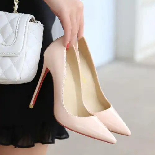 底漆皮浅口单鞋超高跟细跟鞋12cm16cm黑色尖头红色鞋4345大码女鞋