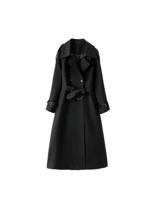 黑色风衣外套女中长款过膝2022年春秋新款韩版宽松英伦风收腰大衣 -