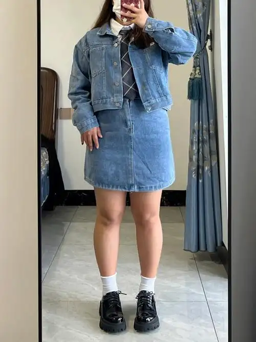 身高150体重120斤牛仔套装也太好看了叭