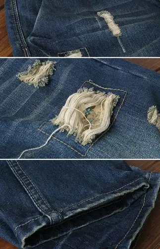 逸客2017春装新款复古贴布个性潮男破洞补丁牛仔裤男装修身长裤子_7折