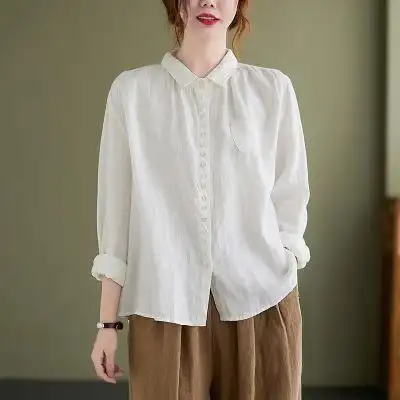 棉麻衬衫女秋季年新款翻领亚麻衬衣文艺宽松休闲大码长袖上衣