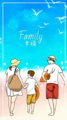 卡通夏日海滩一家三口手机壁纸