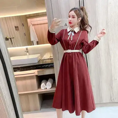 实拍2020秋冬新款女装连衣裙网红流行法式复古长袖裙子