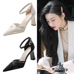 司藤景甜同款高跟鞋配旗袍的鞋子夏百搭年轻款中跟舒适一字带凉鞋
