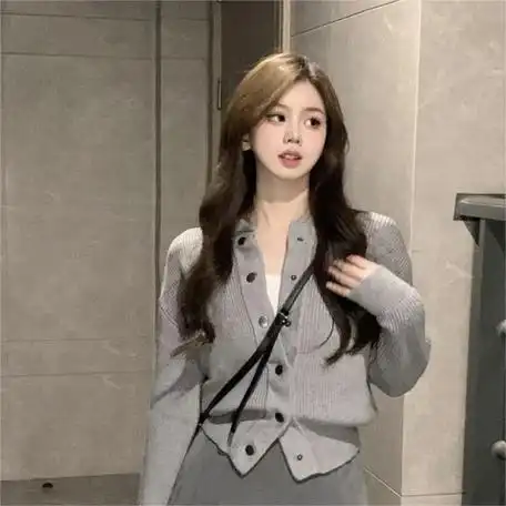 网红炸街休闲风女2023年秋冬款新款开衫外套学院风灰色ins潮 - 17网