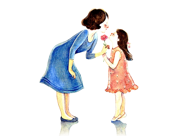 水彩绘画母亲女儿拿着花卡通形象