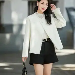 精选2022新款高端韩版小香风双面羊绒大衣女短款毛呢子外套无领小个子