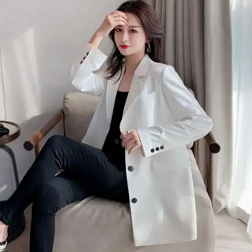 白色西装外套女中长款春秋季2021新款韩版宽松休闲网红黑色小西服