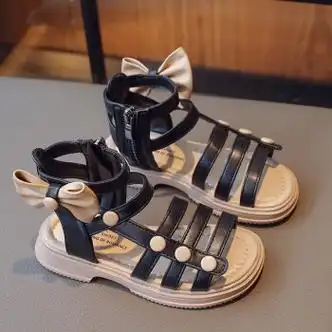 dwgc女童凉鞋夏季儿童蝴蝶结罗马鞋小女孩时尚公主鞋黑色26码内长17cm