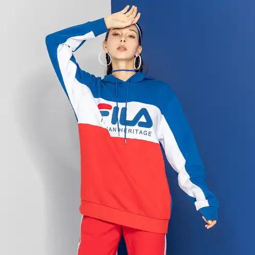 斐乐fila 女款休闲撞色logo休闲校园风连帽卫衣 纯蓝 s