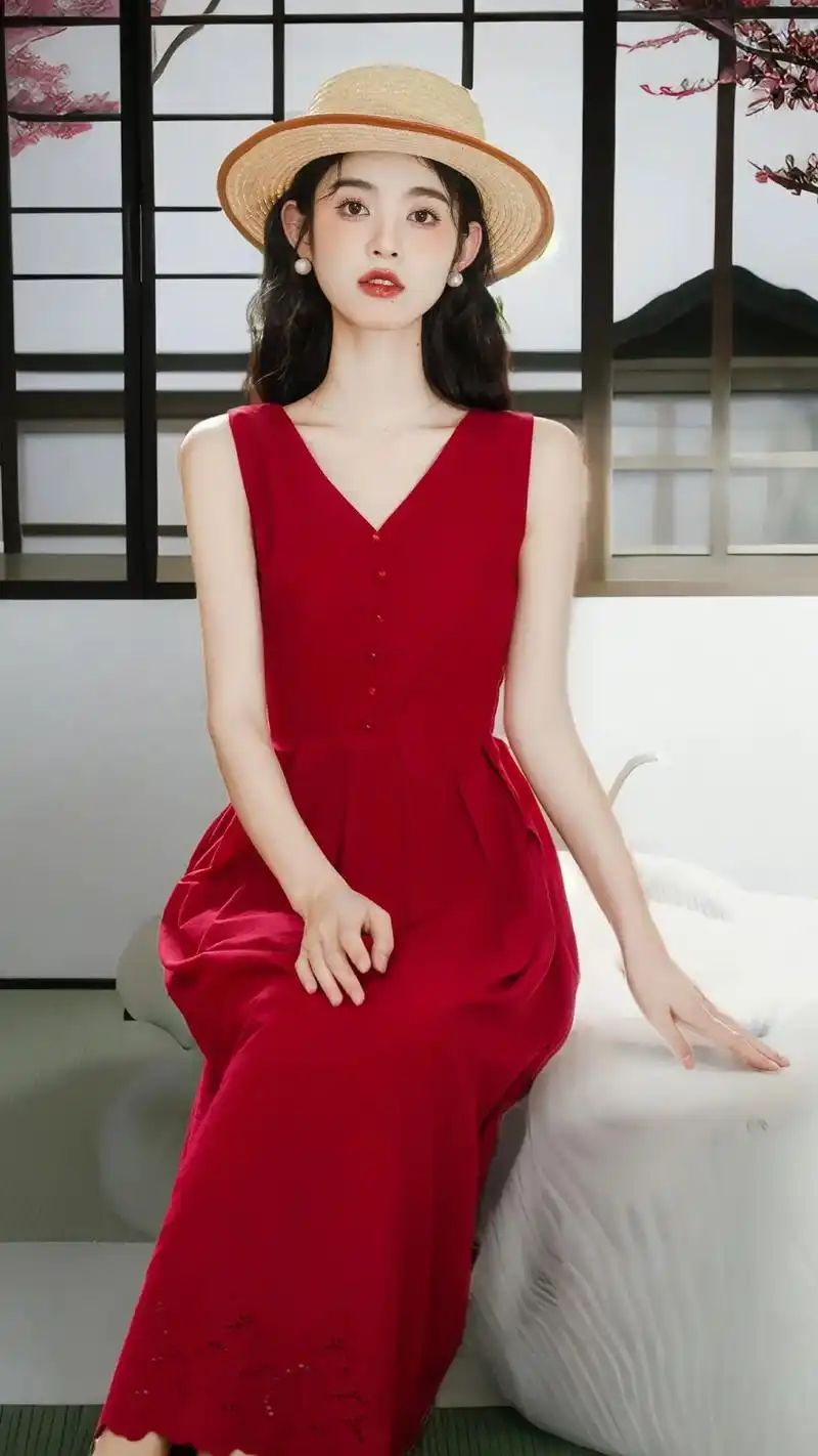 唯美港风,法式复古红色连衣裙