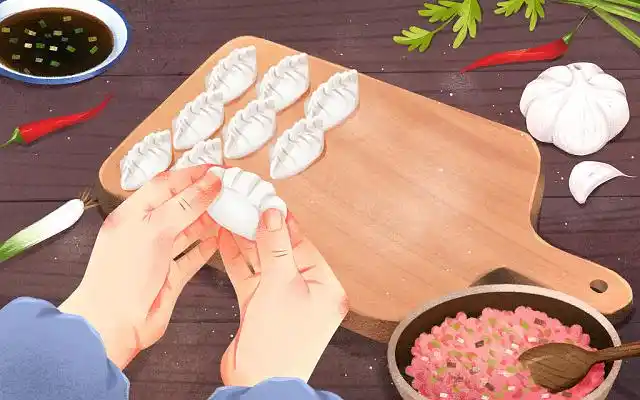 卡通手绘冬至包饺子场景原创插画卡通冬至插画