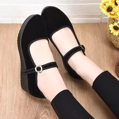 老北京布鞋工作单鞋女平底坡跟松糕一字带酒店上班礼仪舞蹈黑布鞋