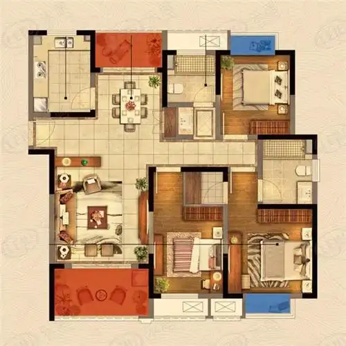 e户型约130平米三室两厅两卫