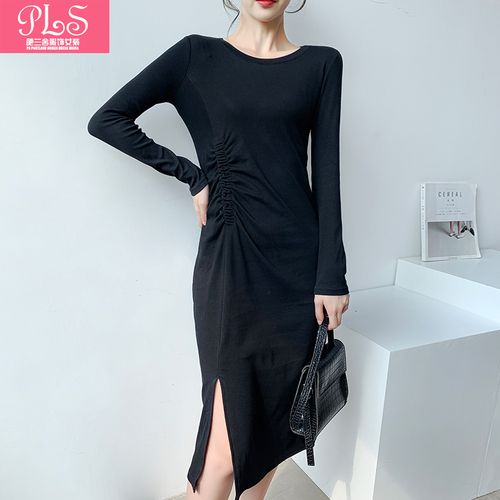 春秋季新款圆领套头修身纯色长袖连衣裙下摆开叉橡皮筋百搭中长裙