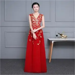 红色蕾丝花裙长裙v领性感飘逸轻纱2018新款礼服定制新娘敬酒礼服