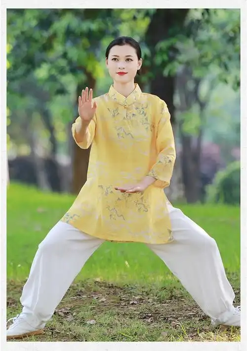 2022太极服女新款飘逸短袖服装夏天春秋季棉麻上衣薄款黄色苎麻一字扣