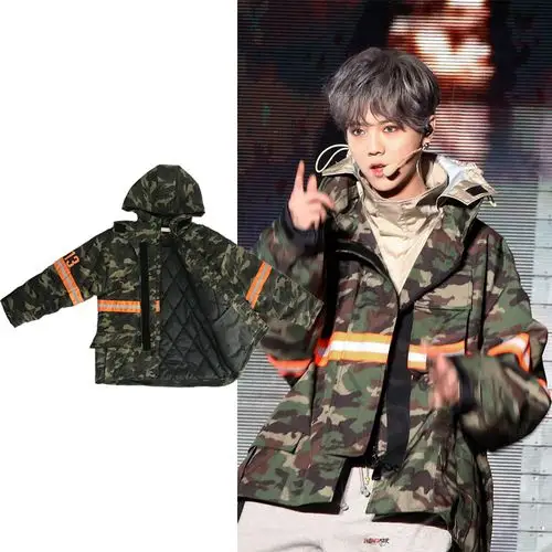 鹿晗 杭州演唱会同款迷彩棉衣服19春秋反光拼接宽松派克外套男女