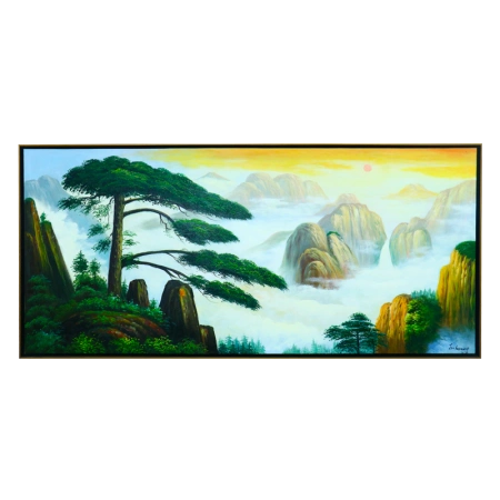 罗连伟《迎客松》油画横幅作品