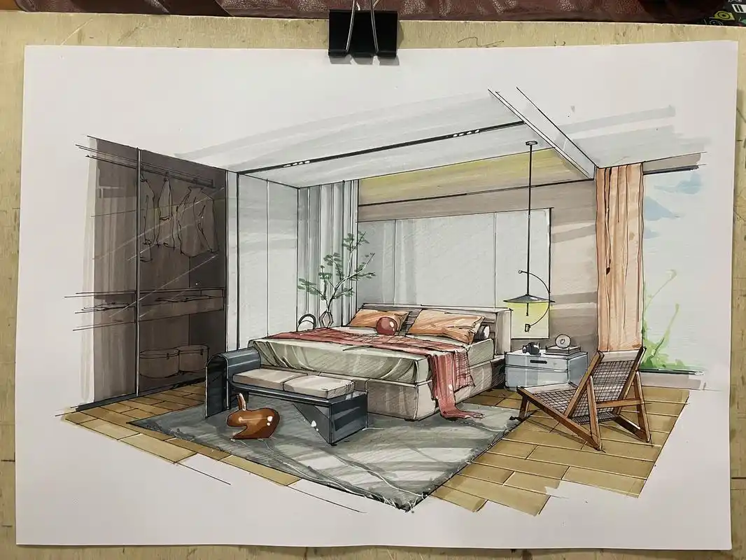 室内设计手绘效果图-卧室 马克笔7315:法卡勒一代 透视:两点透视