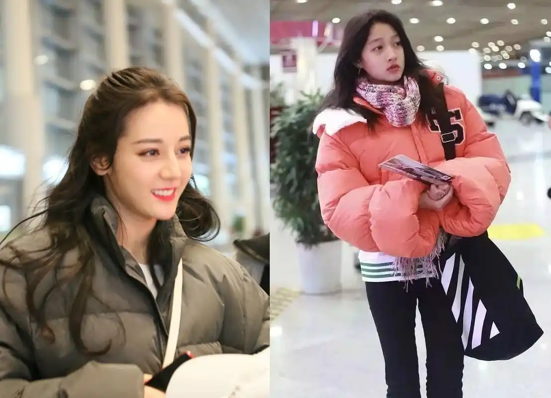 迪丽热巴和关晓彤同是穿棉袄亮相机场,一个美上天一个土掉渣