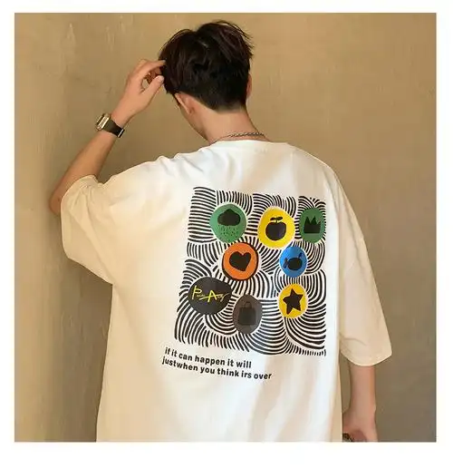 实拍2024夏季潮牌重磅短袖t恤男潮流后背印花宽松情侣休闲t恤上