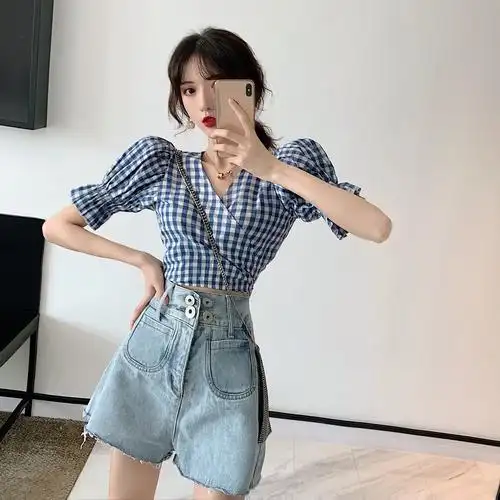 春夏季2020新款韩版休闲短袖格子衬衫牛仔短裤两件套小个子套装女