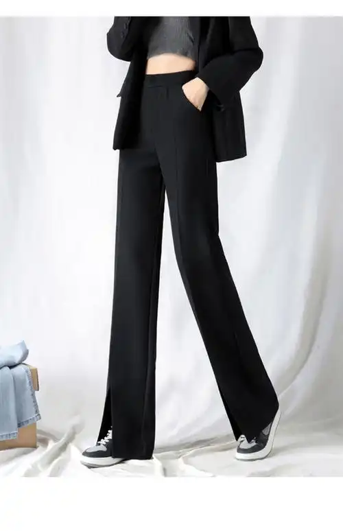 6611【哥弟纹面料】黑色白色开叉西装裤女直筒宽松垂感拖地阔腿裤子