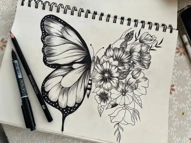 黑白针管笔线条画蝴蝶与桔梗静下来