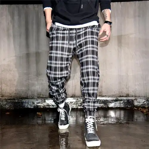 韩版潮流黑白格子宽松束脚休闲裤男街头潮流松紧腰微跨日系哈伦裤