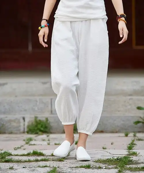 新款太极裤春夏棉麻练功裤女式宽松武术裤休闲九分裤灯笼裤素白色均码