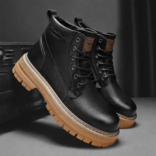 新款男士时尚马丁靴厚底潮流高帮工装男鞋英伦风百搭中帮皮靴真皮牛皮