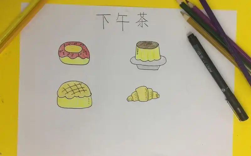 简笔画:画一份蛋糕甜甜圈的下午茶点心