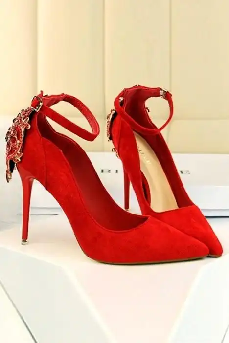【时尚潮流】韩版2018早春新款少女红色婚鞋水钻一字扣高跟鞋细跟百搭