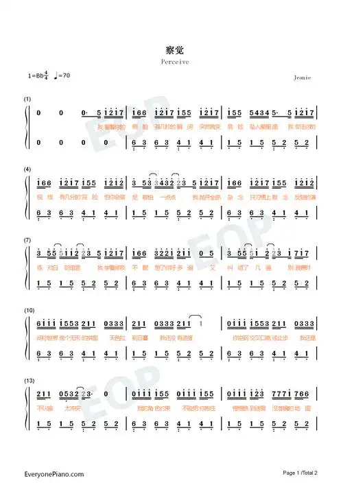 察觉原调简单版我看着你的侧脸有几秒的瞬间抖音热歌双手简谱预览1