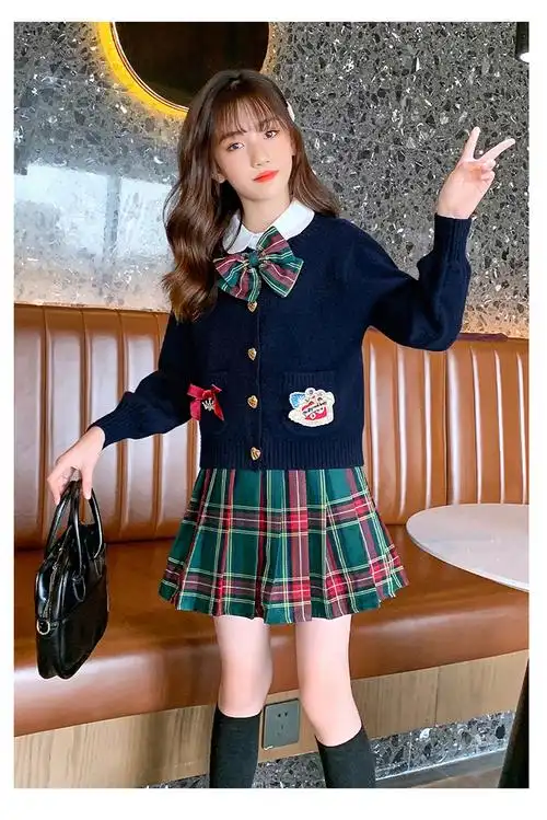 jk儿童冬季三件套裙套装女童学院风秋小学生童装小女孩毛衣全红色半身