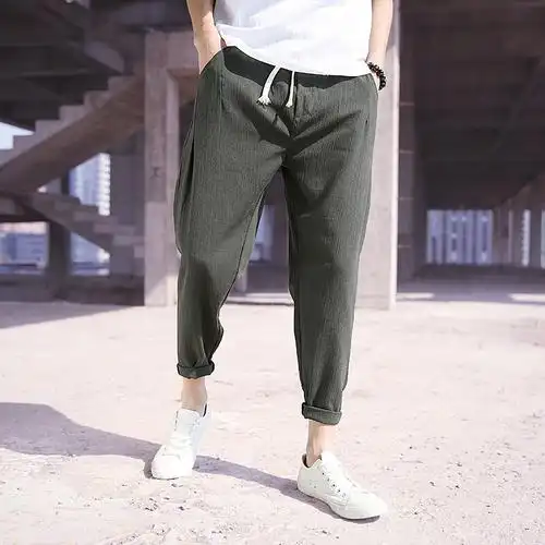 亚麻休闲裤宽松裤束脚棉麻裤男九分哈伦裤灯笼裤