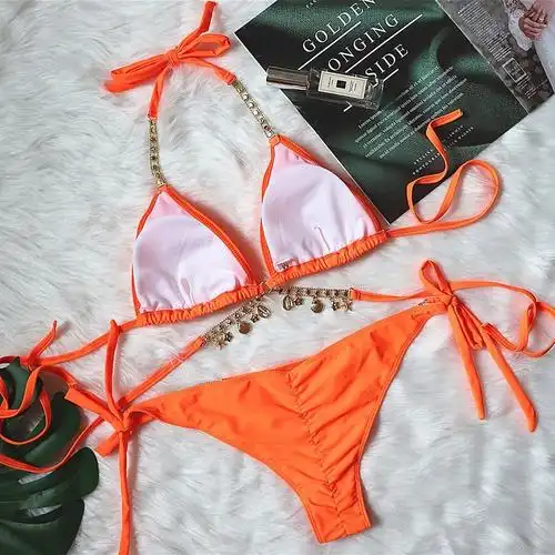 ins性感纯色水晶钻石比基尼三点式丁字绑带分体泳衣女biki sexy 浅