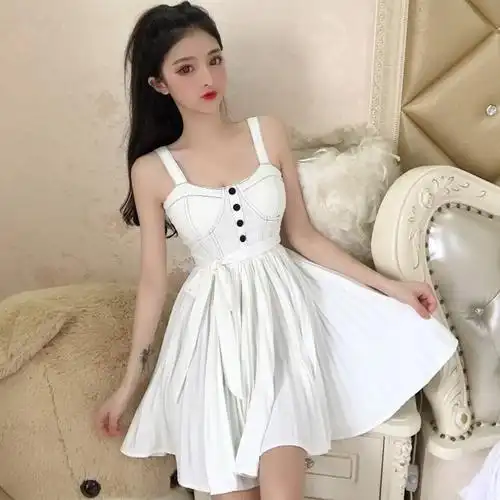 夏季_ins超仙美小个子百褶短裙2019夏季抹胸性感高腰系带吊带连衣裙女