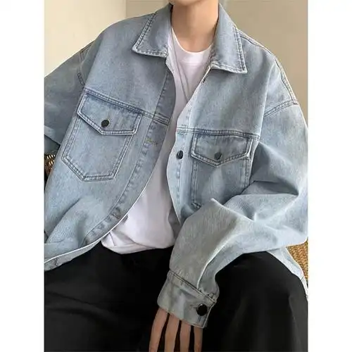 浅蓝色工装牛仔外套男春秋季美式复古情侣牛仔衣oversize翻领夹克