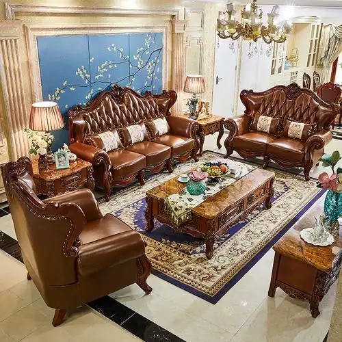 欧式真皮沙发组合实木雕花大户型别墅小奢华客厅整装红木美式家具