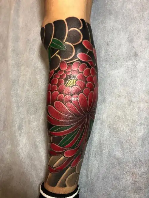 包小腿菊花日式老传统纹身刺青