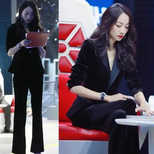 韩雪明星同款高级感金丝绒西装套装女英伦风秋冬职业装西服两件套