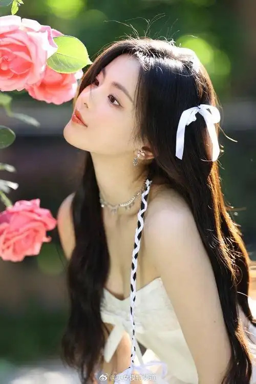 杨超越晒春日鲜花大片穿纯白抹胸连衣裙氛围感十足