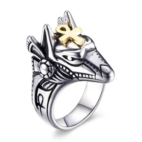 复古阿努比斯戒指 男士防身埃及死神十字架胡狼头指环 亚马逊爆款