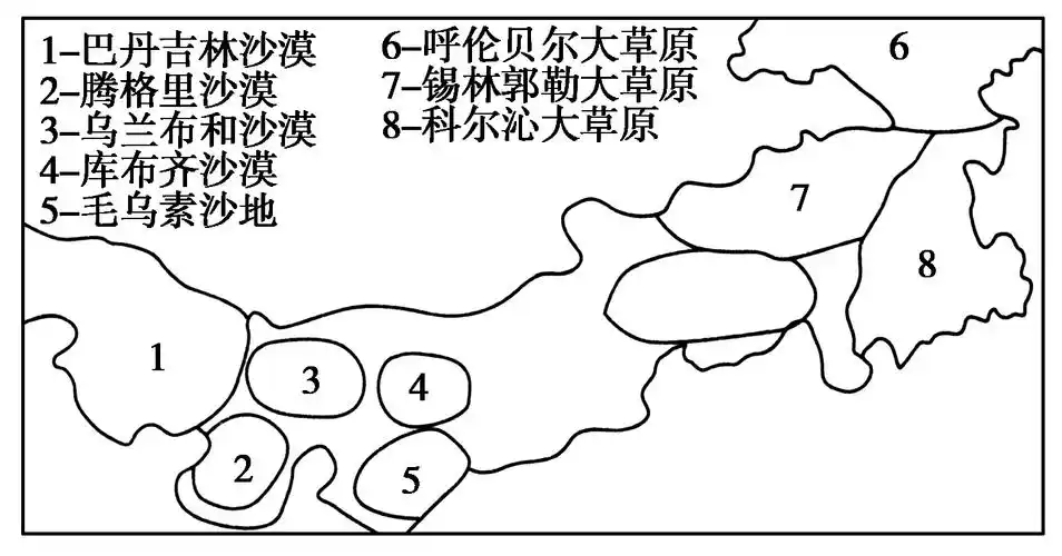读"我国某区域沙漠沙地和草原分布示意图",回答13~14题.