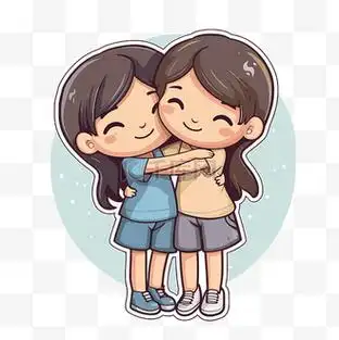 两个女孩互相拥抱卡通风格插画剪贴画 向量